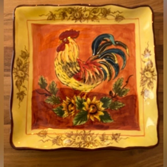 MAXCERA CORP Orange Rooster Square Plate Sunflowers Floral Edge Pattern Farmcore - Picture 4 of 8